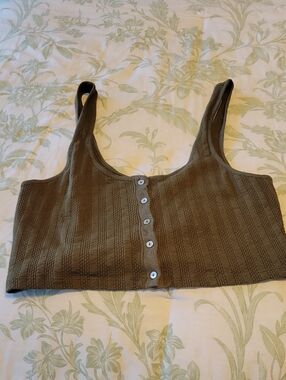 Free People Ribbed Olive Green Button-Front Crop Tank Top